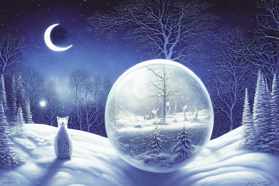 Winter night with crescent moon, white fox, and snowy landscape in transparent orb