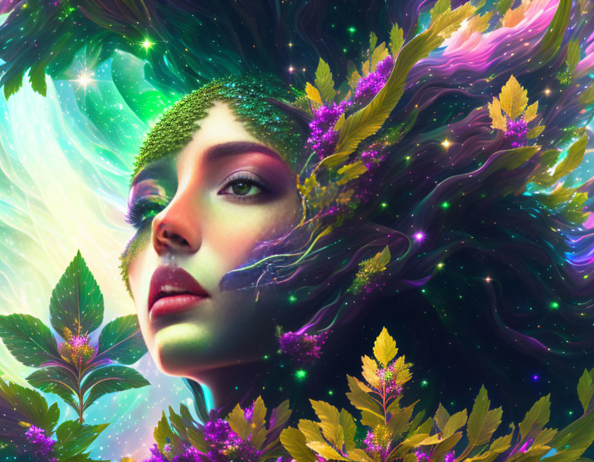 Woman with lush foliage, flowers, and cosmic swirls on starry background