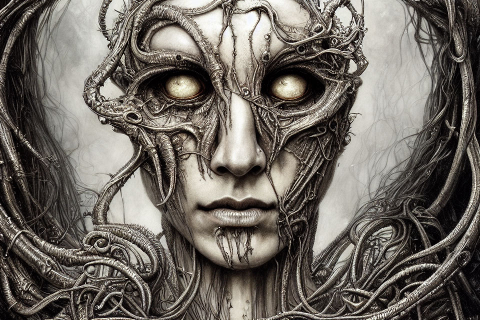 Detailed Illustration: Humanoid Face with Intricate Mechanical Detailing and Eerie Golden Eyes