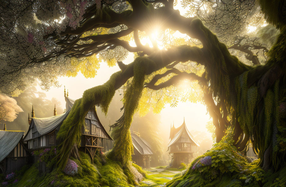 Forest scene with sunlight through ancient tree and moss-covered houses.