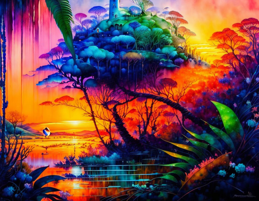 Colorful Sunset Landscape with Waterfalls, Trees, and Toucan