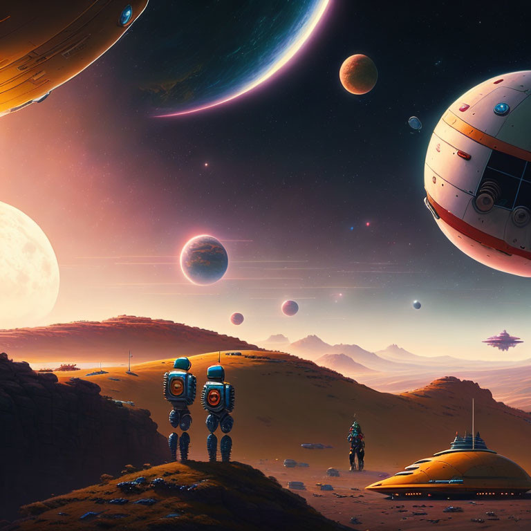 Person and robot in futuristic landscape with multiple planets and spaceships.