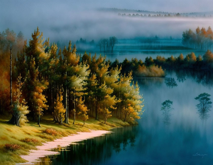 Tranquil autumn landscape: trees in fall colors, calm lake, misty background