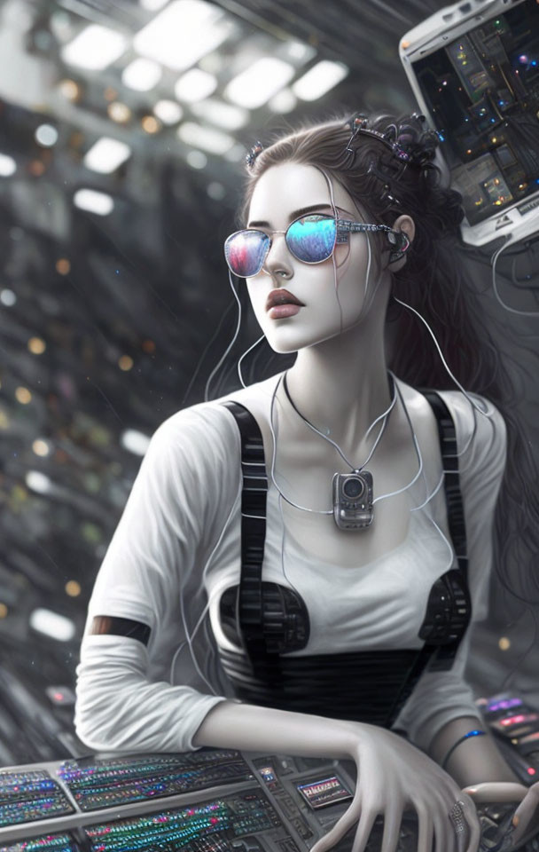 Woman in reflective sunglasses and headphones at futuristic console in white top.