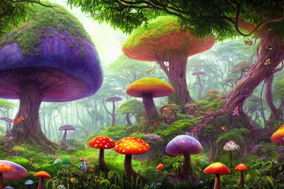 Colorful Fantasy Forest with Oversized Mushrooms and Magical Creatures