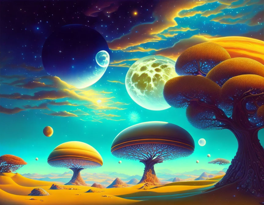 Colorful Mushroom Trees and Moons in Fantastical Landscape