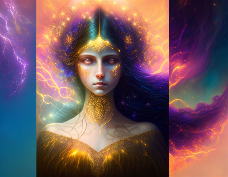 Vibrant surreal portrait of a woman with cosmic features