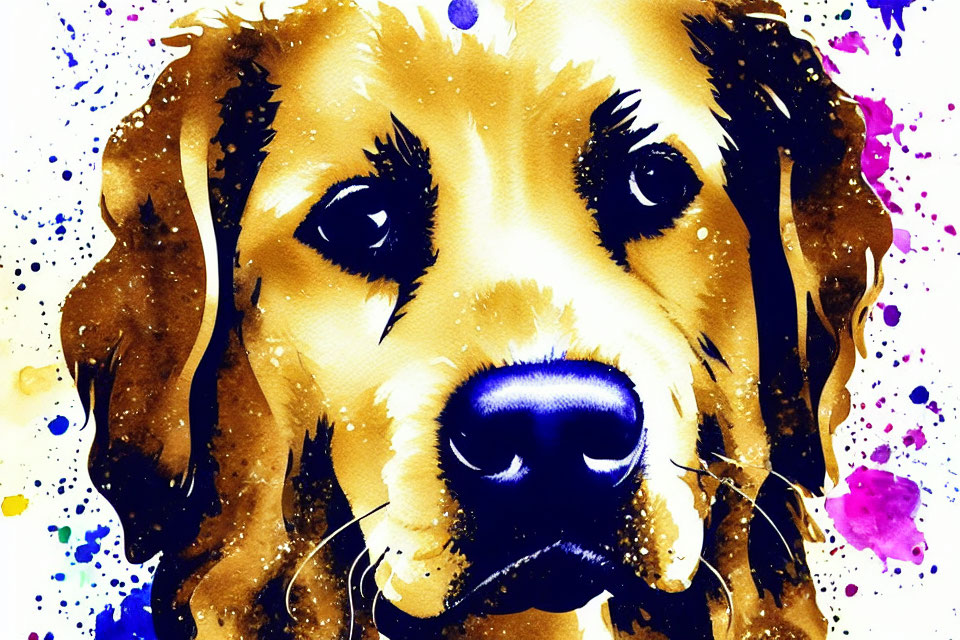 Colorful watercolor painting of golden retriever with expressive eyes on yellow background