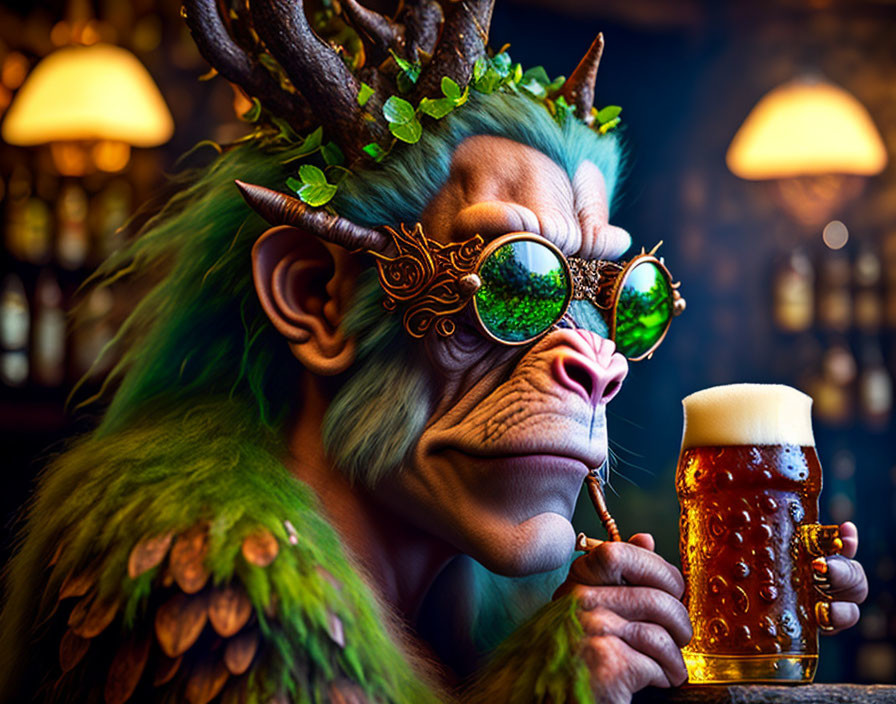 Illustration of monkey with antlers in steampunk glasses enjoying beer in vintage pub