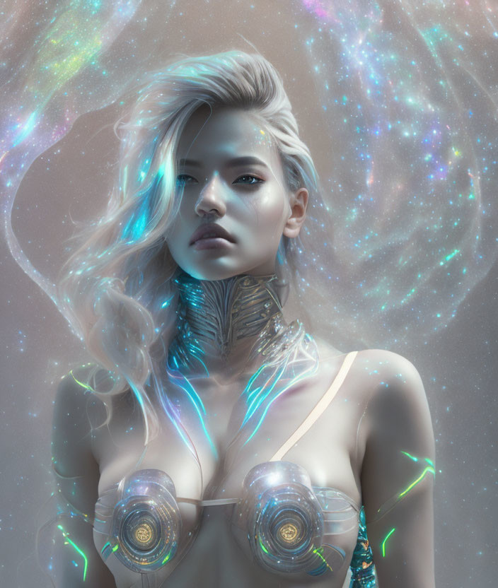 Ethereal cosmic digital artwork of a woman with glowing skin and futuristic neckpiece