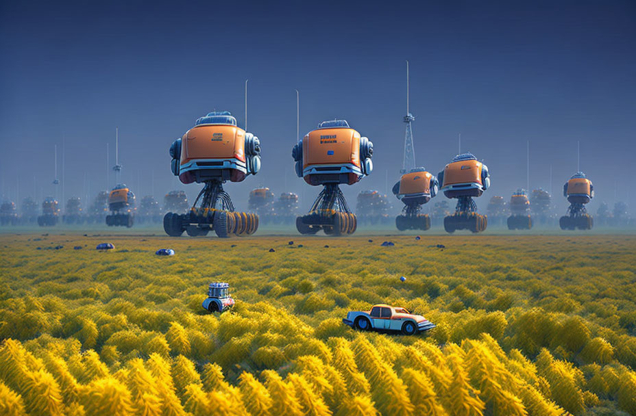 Futuristic robots on wheels in yellow field with blue car under hazy sky