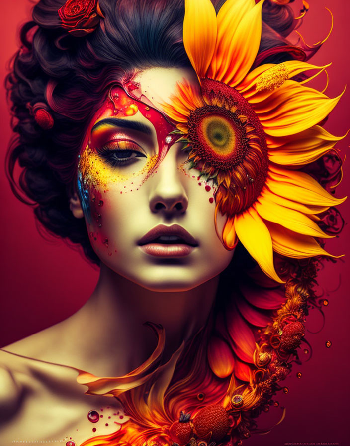 Woman with Sunflower Artistic Makeup and Floral Hair Embellishments