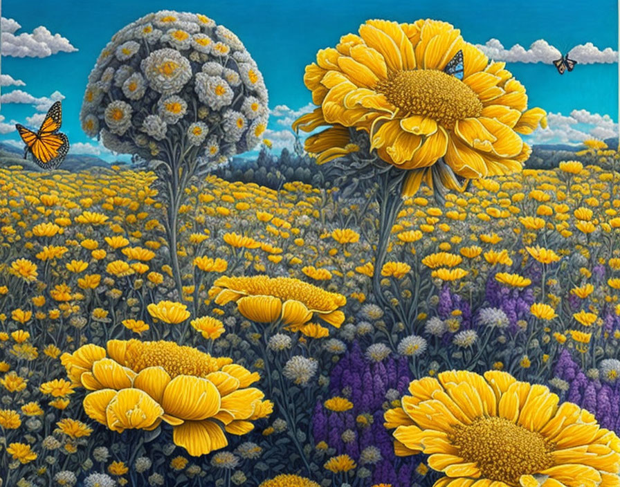 Colorful sunflower field painting with butterfly and purple flowers