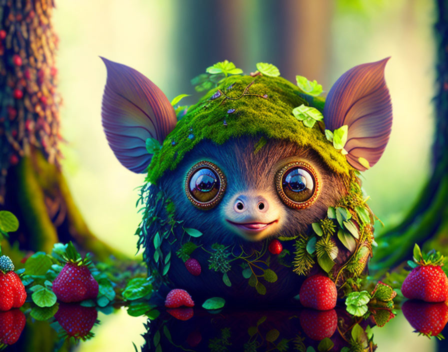 Adorable creature with large eyes and ears in a bush with foliage and berries