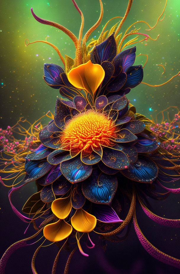 Vivid digital artwork: fantastical flower with glowing patterns on dark background