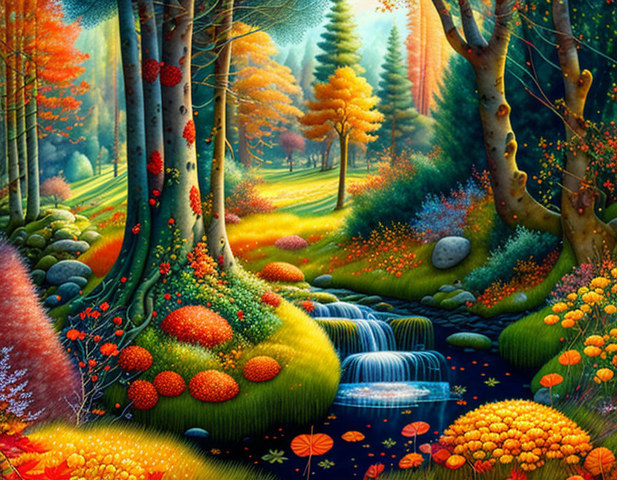 Lush Fantasy Forest with Stream and Colorful Flora