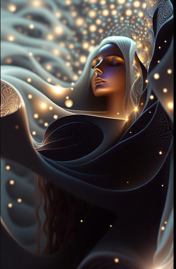 Ethereal woman with flowing hair in mystical setting