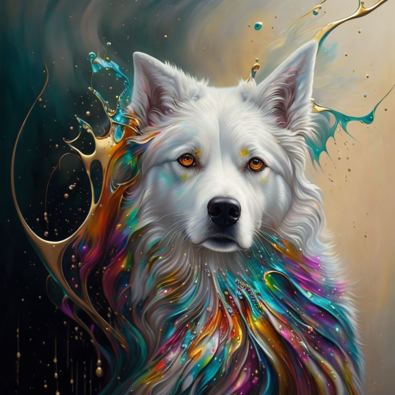 Colorful Painting of White Dog with Rainbow Mane and Dynamic Splashes