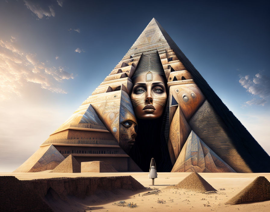 Surreal pyramid with carved face in desert landscape