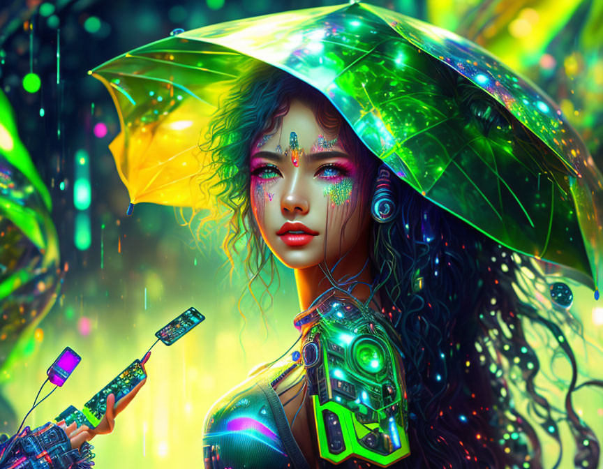 Colorful portrait of woman with iridescent umbrella and cybernetic arm