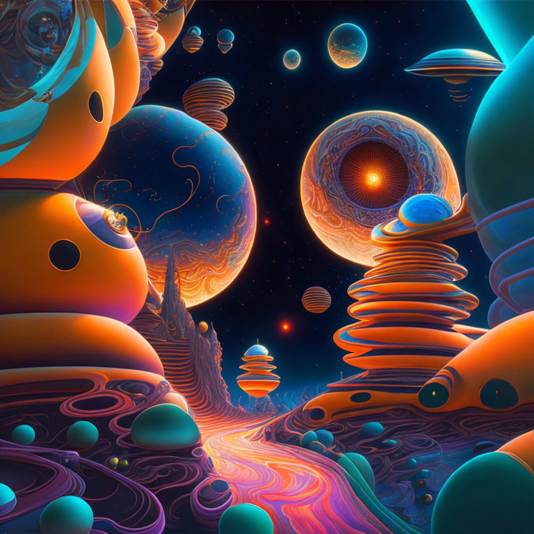 Surreal cosmic landscape with glowing planets and moons