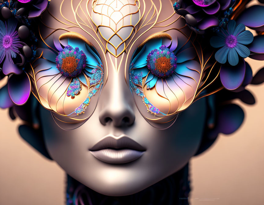 Surreal artwork featuring face with floral eye patterns, metallic skin, and botanical adornments in purple