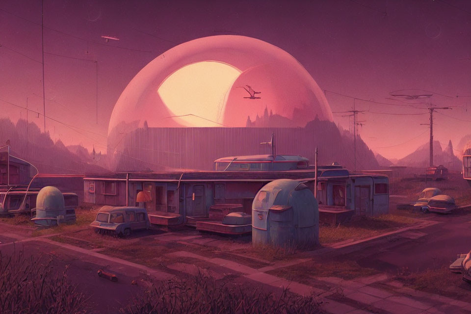 Retro-futuristic trailer park with vintage cars and domed structures