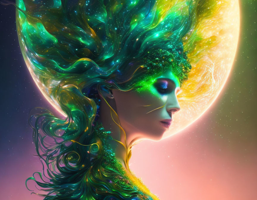 Digital artwork: Woman with green cosmic hair profile & glowing planet backdrop