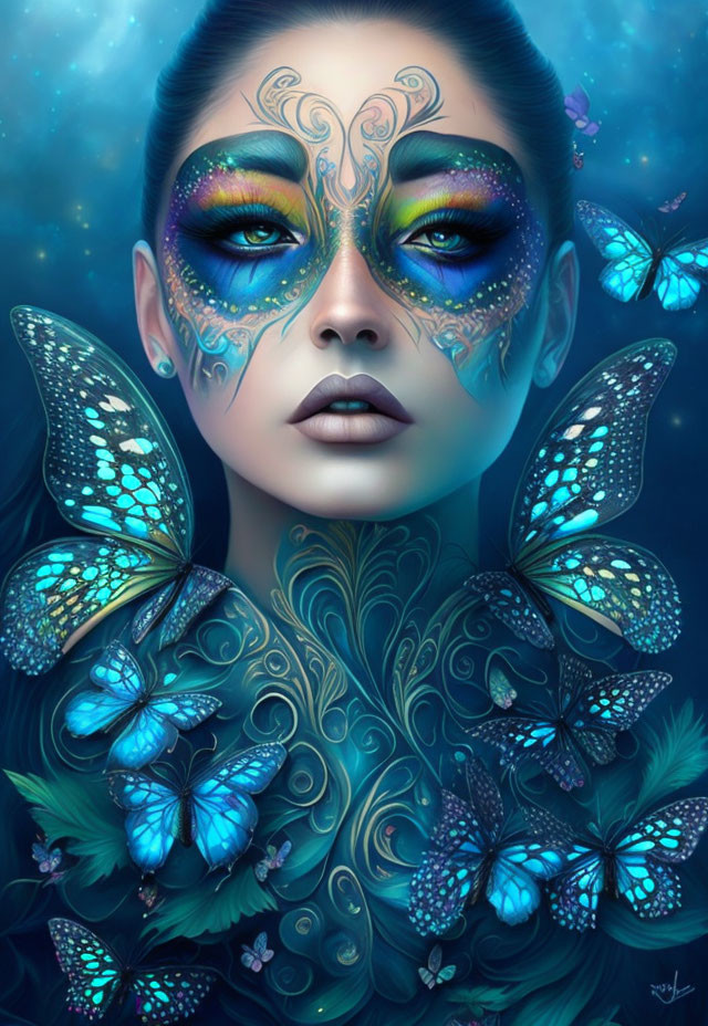 Digital artwork: Woman with butterfly-themed makeup and vibrant blue patterns