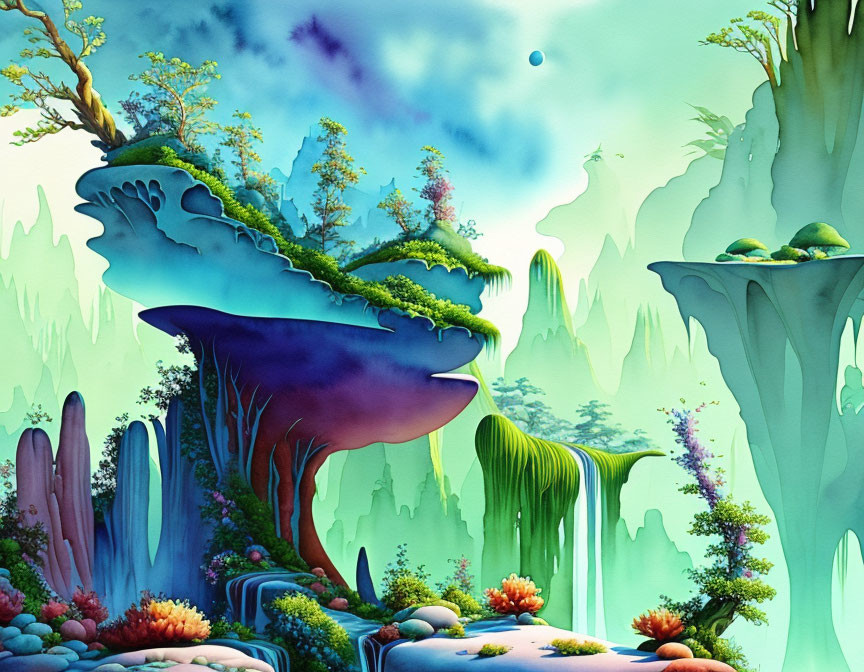 Fantasy Landscape with Oversized Mushrooms and Waterfalls