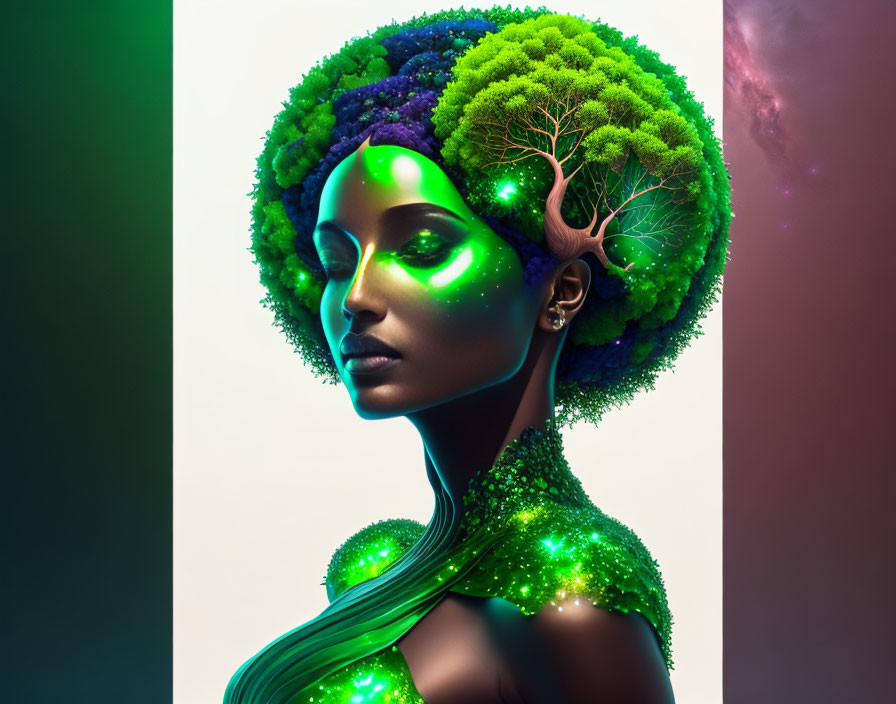 Portrait of woman with glowing green skin and tree-inspired headpiece