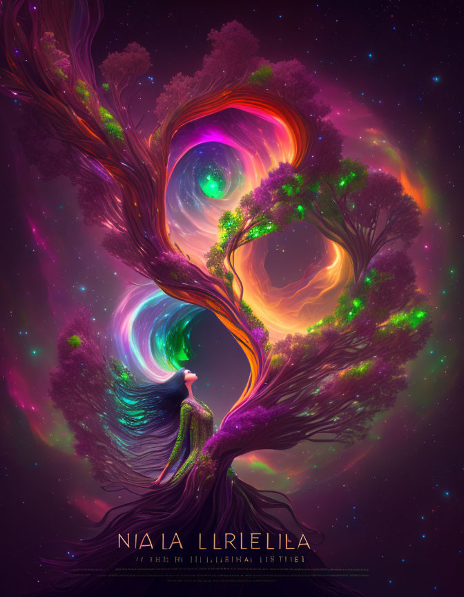 Colorful cosmic tree artwork with spiraling galaxies and figure in neon colors.