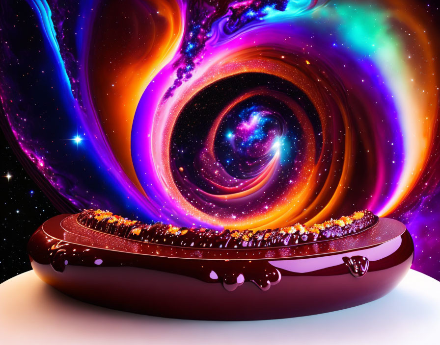 Vibrant digital artwork: Cosmic scene with swirling galaxy background and futuristic violin.