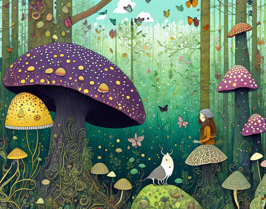 Colorful forest scene with oversized mushrooms, plants, butterflies, and a spotted dog