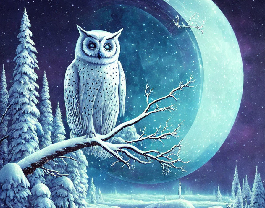 Snowy owl perched on branch under full moon in winter forest.