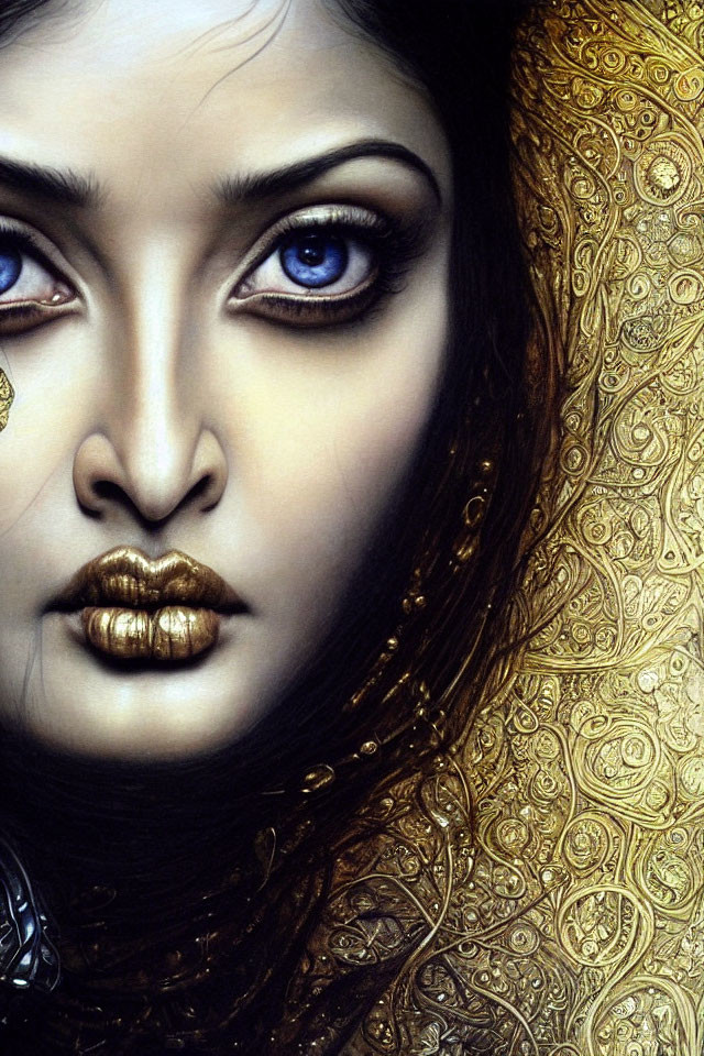 Detailed close-up of woman with striking blue eyes and ornate golden patterns.