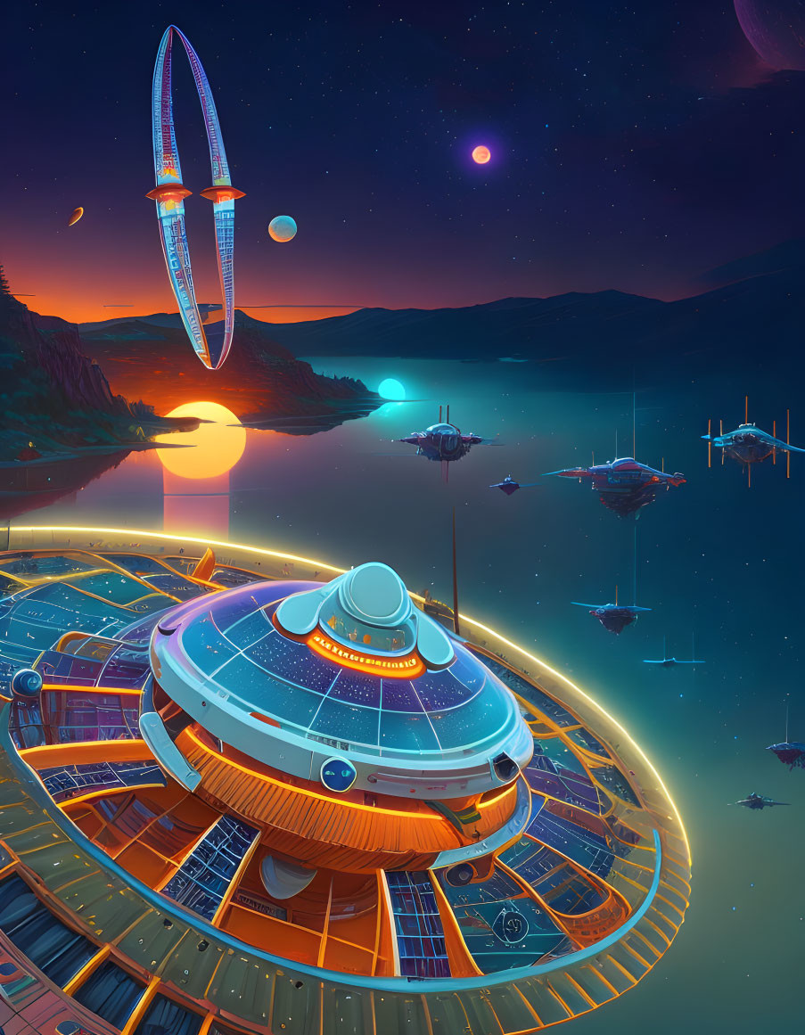 Futuristic sci-fi cityscape with flying vehicles and space elevator