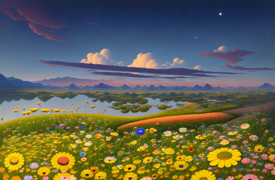 Colorful Wildflower Field, Lake, Mountains, Twilight Sky & Crescent Moon