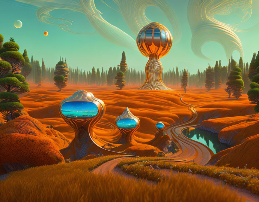 Orange Terrain and Futuristic Trees in Surreal Landscape