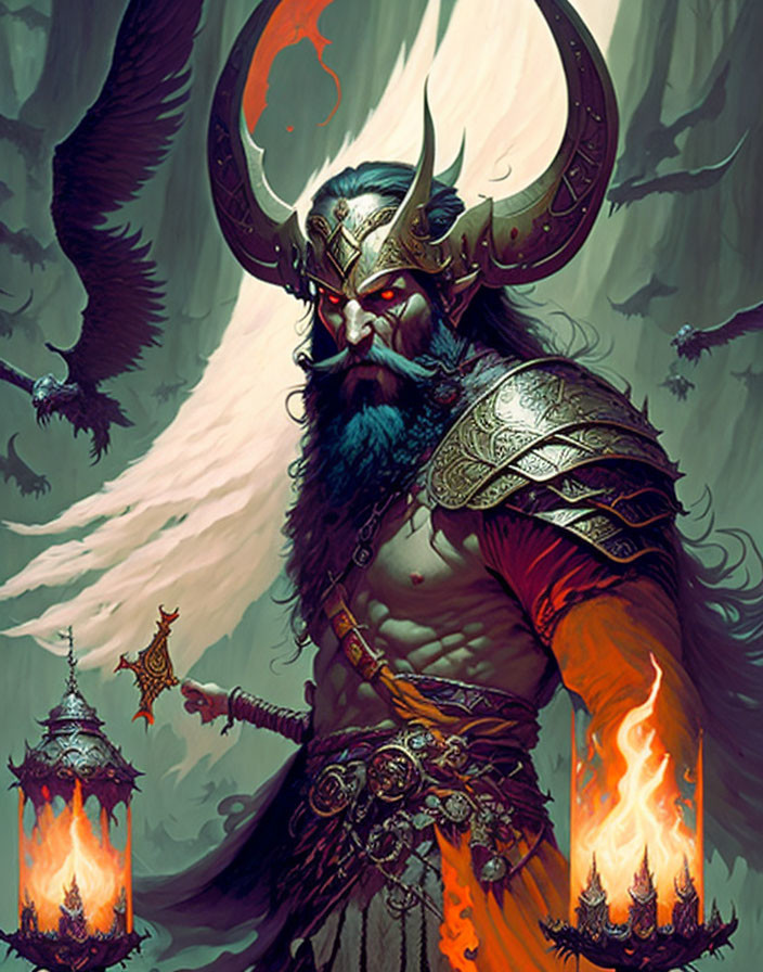 Fantasy warrior with horned helmet in fiery armor surrounded by birds in mystical forest.