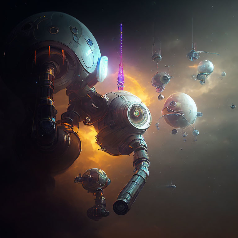 Futuristic space scene with spherical structures and floating pods