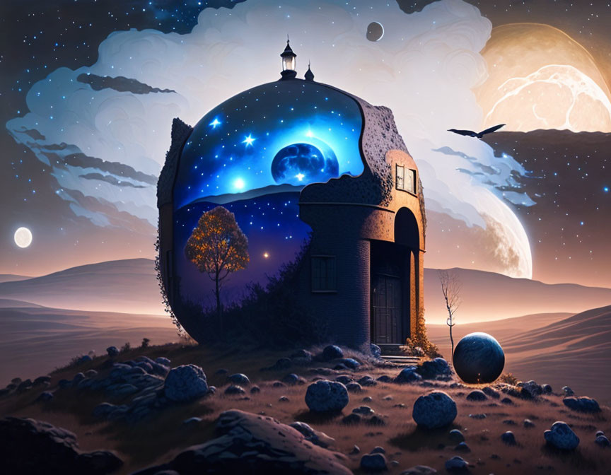 Surreal dome-shaped building with starry sky, desert landscape, moons, and bird