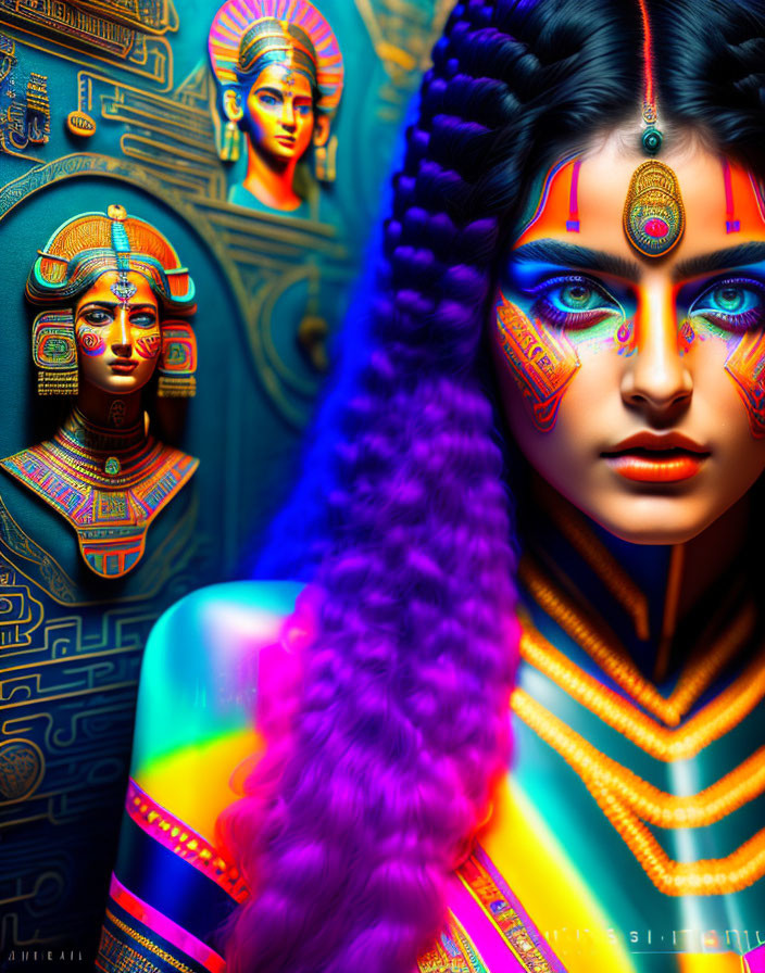 Colorful portrait of woman with Egyptian body art and purple braid