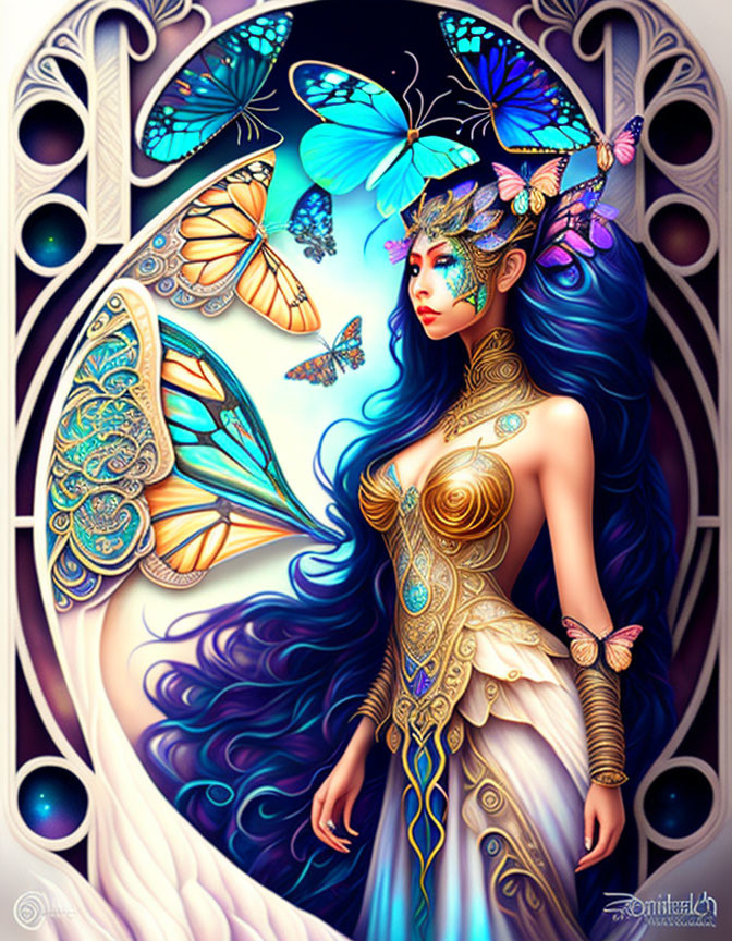 Fantastical artwork of woman with blue hair, butterflies, golden jewelry & armor