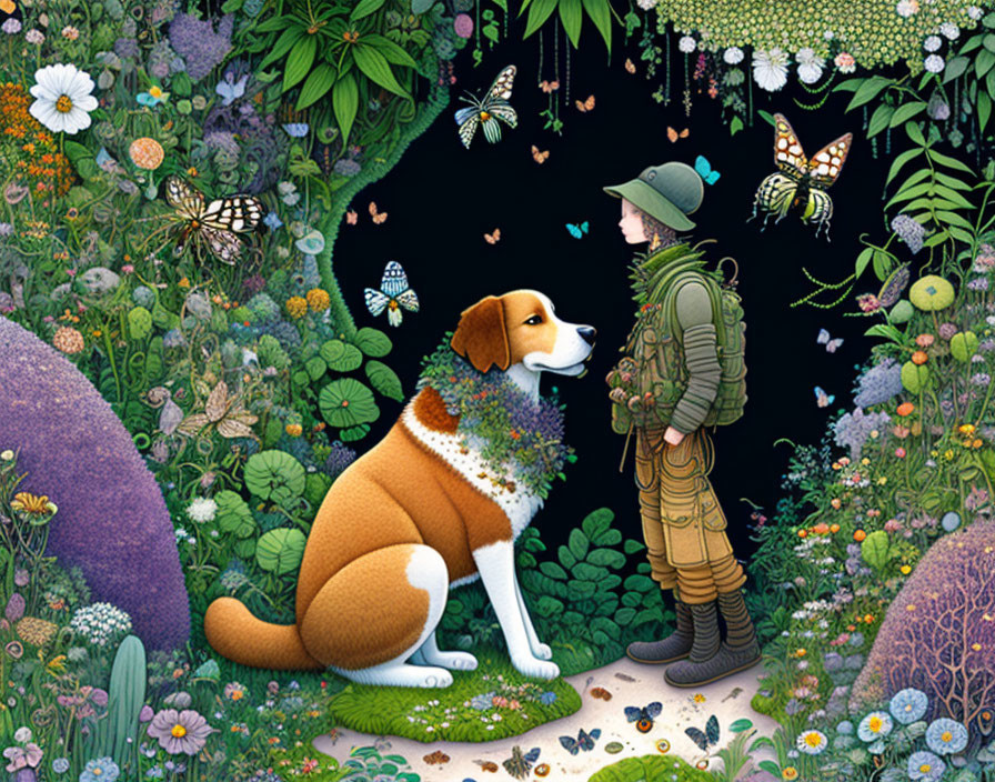 Vibrant illustration: boy in hat with large dog, butterflies, starry night.