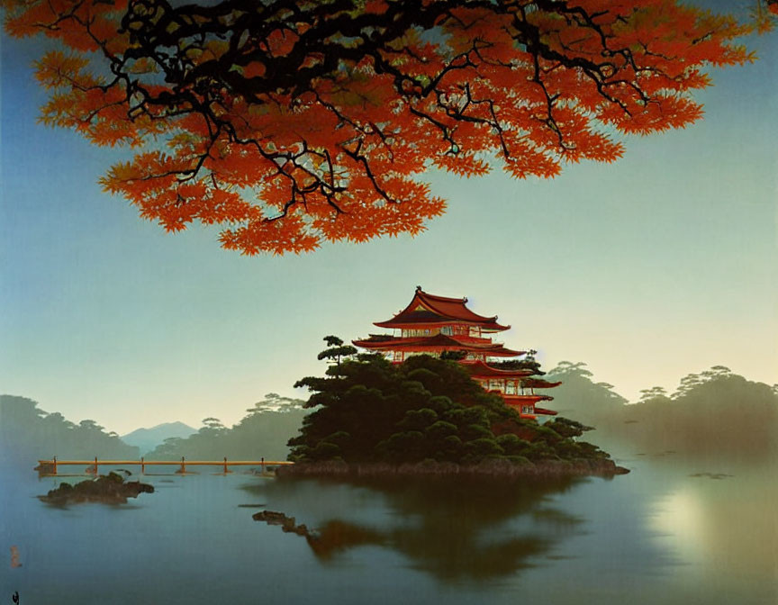 Tranquil lake scene with red pagoda, autumn leaves, and hazy dusk sky