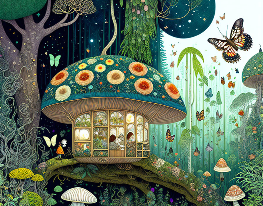 Illustration: Mushroom house in enchanting forest with butterflies, plants, and magical trees.