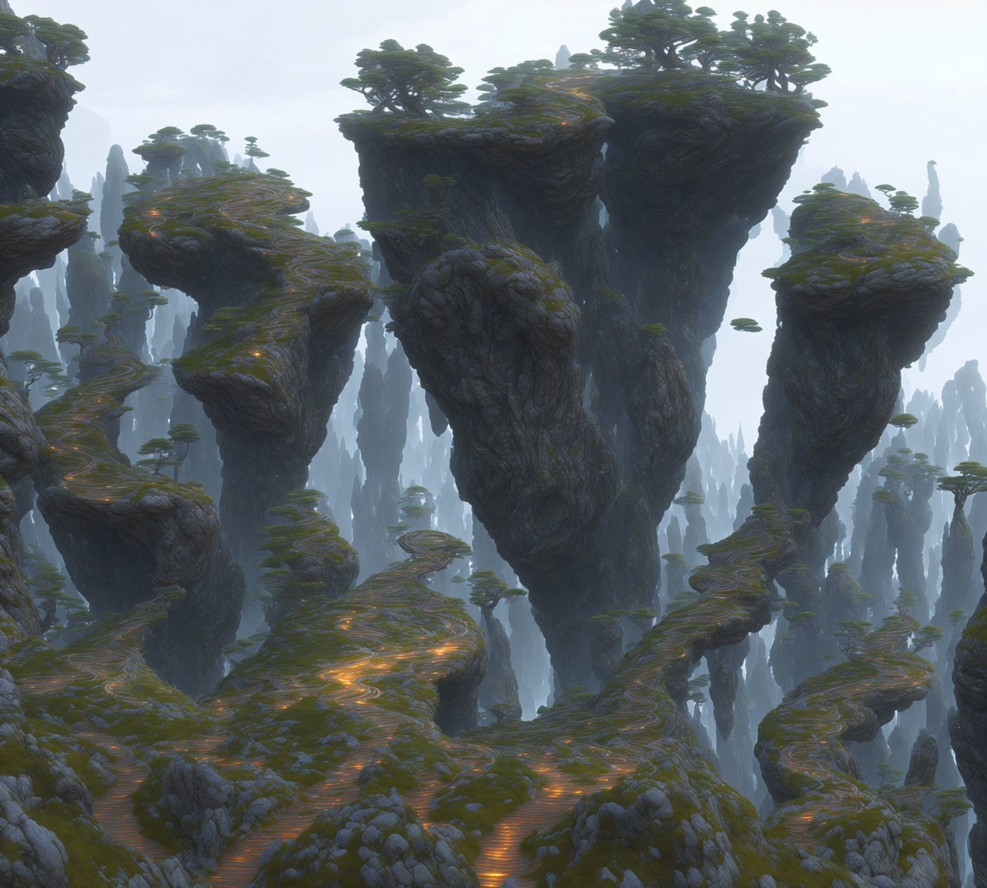 Mystical forest with towering rock pillars and lush greenery