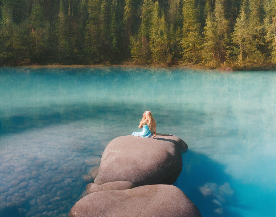 Person sitting on smooth boulder by serene alpine lake with misty atmosphere