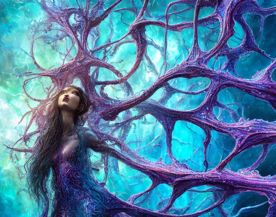 Fantastical female figure merges with purple tree branches on teal backdrop